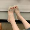 Versatile transparent one-word drag femininity medium heel 2025 new summer rhinestone outer wear thick heel French crystal cool slippers