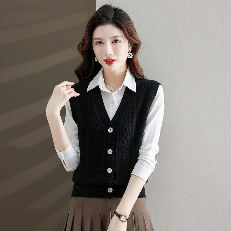 Dámská elegantní polyesterová pletená vesta | Svetrová vesta s copánkovým vzorem a výstřihem do V | Jednobarevné pletené oblečení bez rukávů | Módní top pro vrstvení na podzim/zimu
