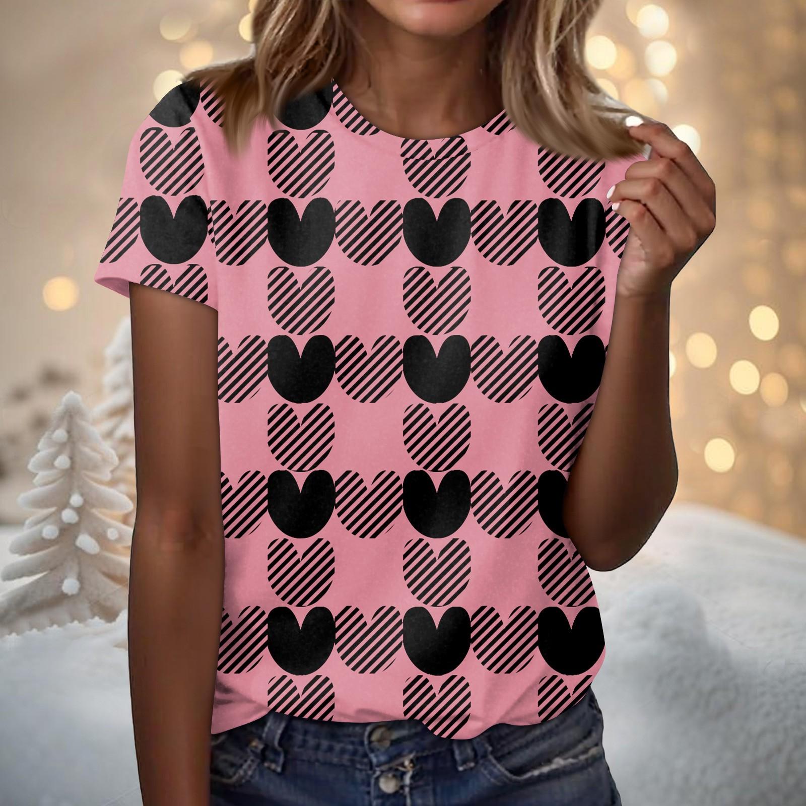 

Жіноча модна повсякденна футболка з короткими рукавами на День Святого Валентина з принтом і круглим вирізом XL кавун червоний колір