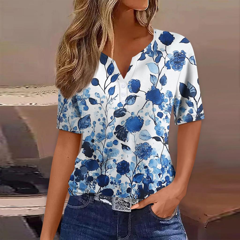 Women's T Shirt Tee Print Button Short Sleeve Daily Weekend Fashion Basic V- Neck Regular Top