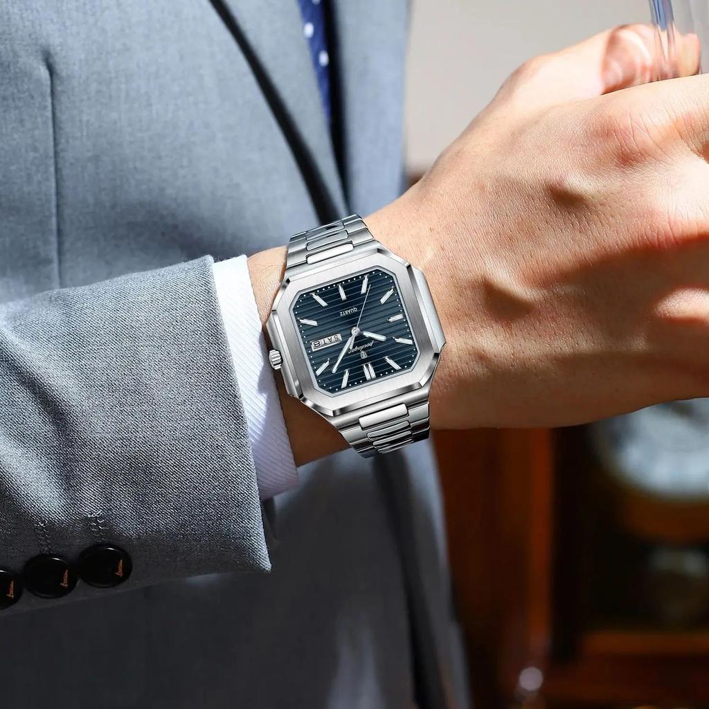 POEDAGAR Square Fashion Man Wristwatch Waterproof Luminous Date Week Quartz Men's Watches Stainless Steel Luxury Men Watch Reloj