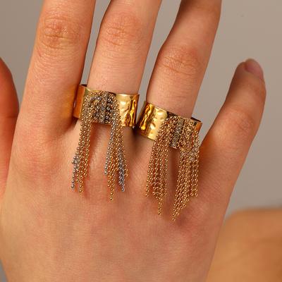 Fashion Two Tone Circle Beads Tassel Open Wide Ring 18K PVD Gold Plated Stainless Steel Waterproof Anti Allergic Women Jewelry