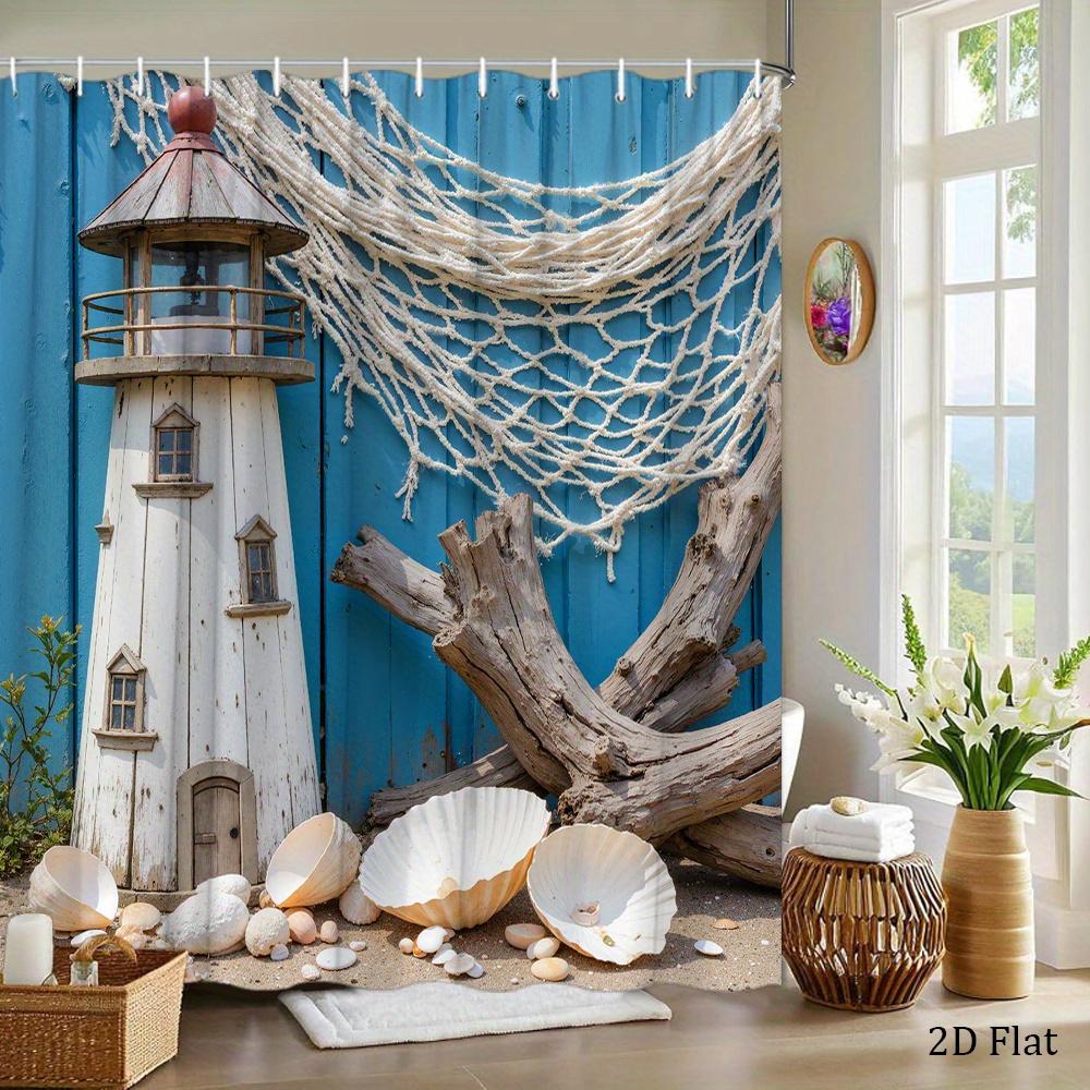 

Nautical Lighthouse Shower Curtain Beach Scene With Drifter And Shell Print Shower Curtain With 12 Hooks For Coastal Decoration W60H190(CM)-1 Pcs