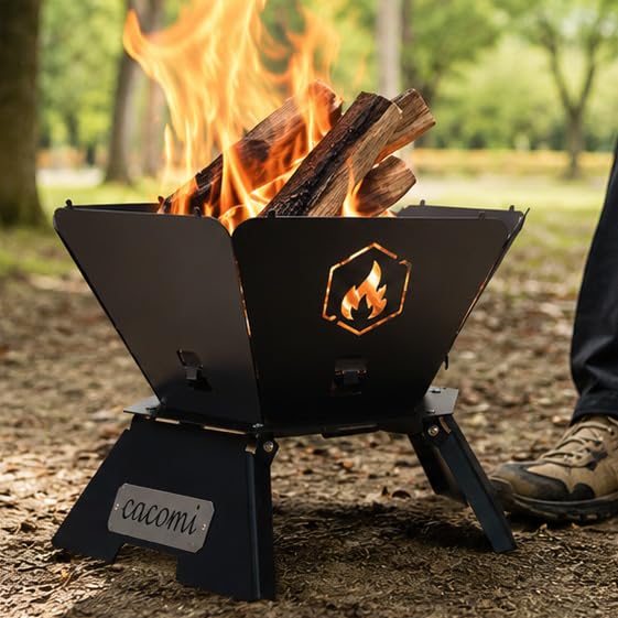 cacomi Rokuen Black Steel Finish Compact Folding Fire Pit Made in Japan Solo Use Easy Assembly Rugged Iron Hexagonal Shape Original Design by Shinsei