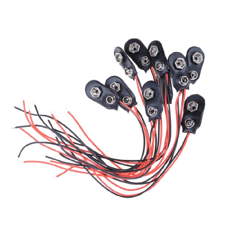 10 Pack 9V Battery Clip I Type Faux Leather Black Red Wires Leads Length 5.9"