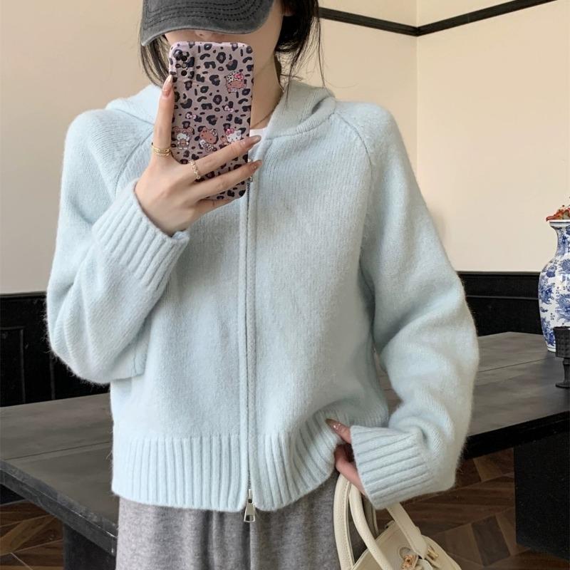 Double zipper hooded knitted cardigan women's autumn and winter exterior design lazy gentle wind sweater jacket