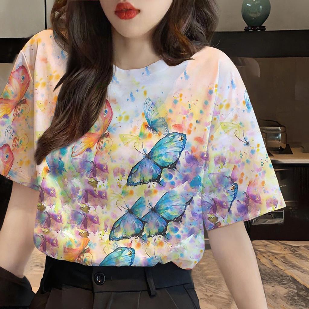 Summer Round Neck Butterfly Pattern 3D Print Top Fashionable Casual Short Sleeved Women's T-shirts