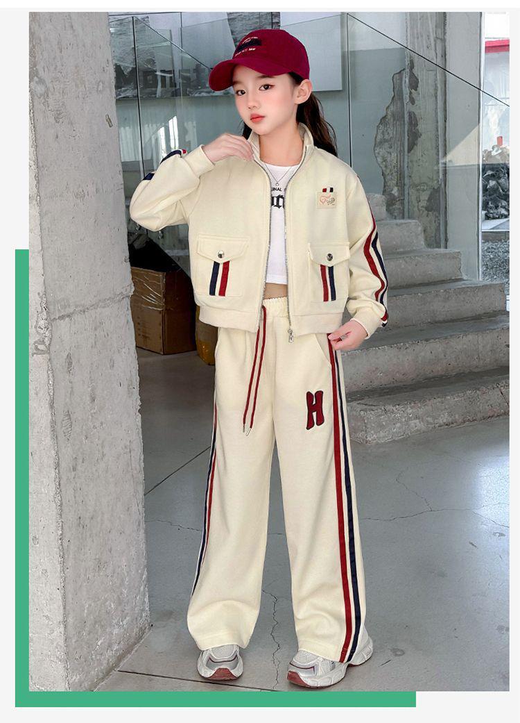 Girls 2026 Striped Color Block Sportswear Set: Korean Stand Collar Jacket & Pants 140 cm