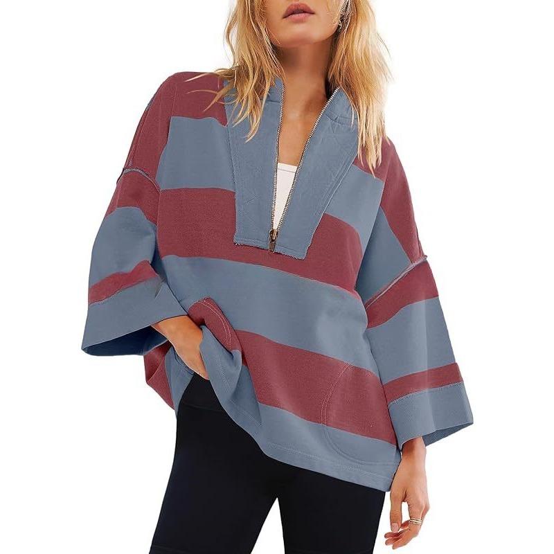 Women's Oversized Striped Shirt Half Zip Sweatshirt Patchwork V Neck Top Casual Loose Pullover