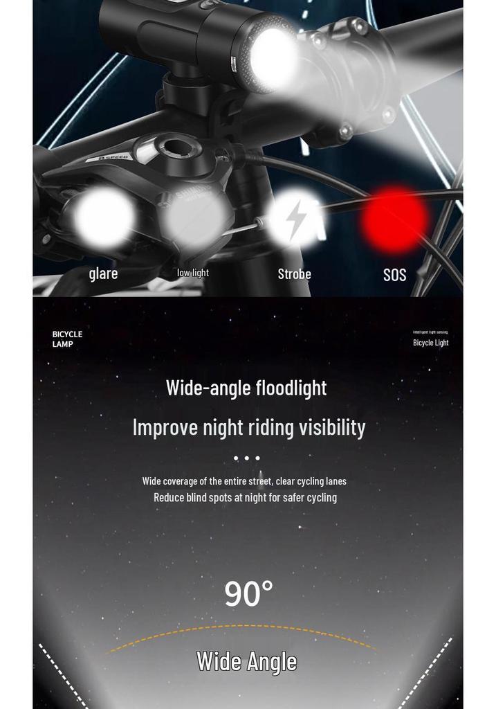 Bicycle Smart Front Light, Type-C Charged, Long Battery Life, Power Display, Large Capacity, Light-Sensitive, Ideal for Night Riding.