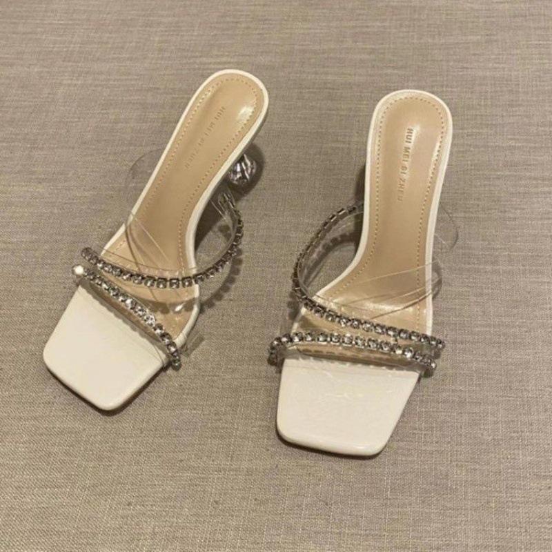 So white! Beautiful rhinestone wine glass and silver high heels, women's open-toed transparent cool slippers, and sandals