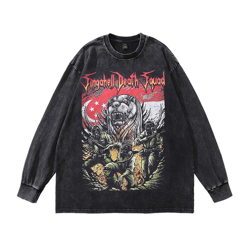 Tide Brand T-Shirt Harajuku Japanese Ukiyo-E Painted Street Retro Tiger Print Washed Old Long-Sleeved T-Shirt For Men And Women
