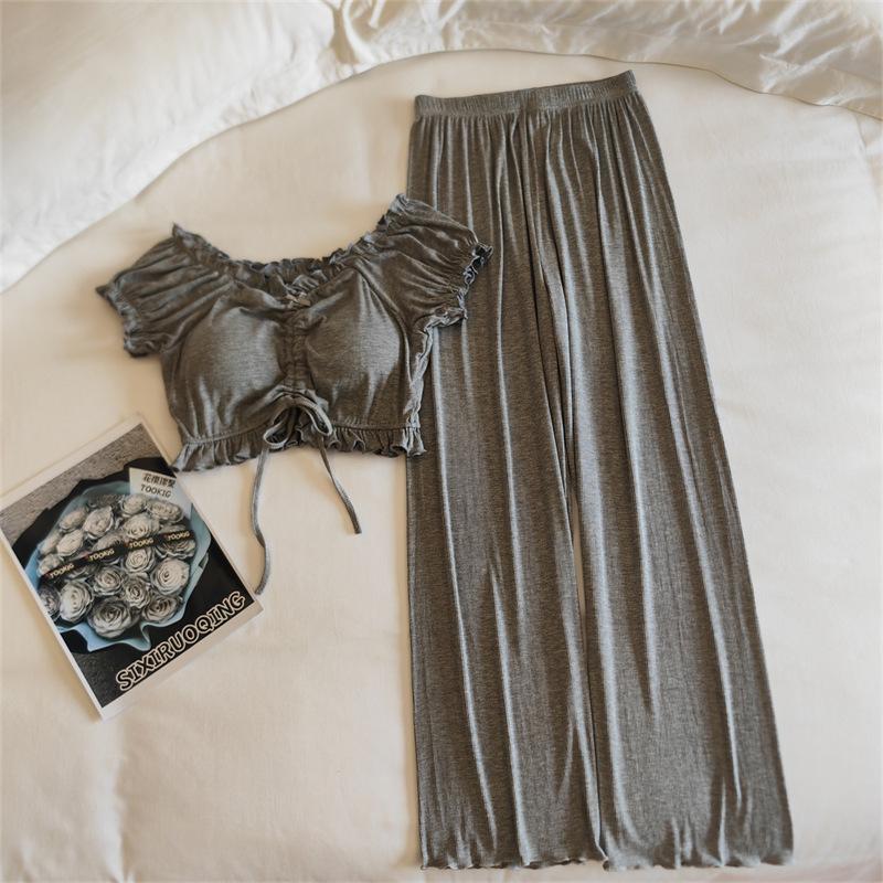 Women's Summer Puff Sleeve Modal Pajamas Set with Integrated Breast Pads - Sexy Pure Desire Homewear