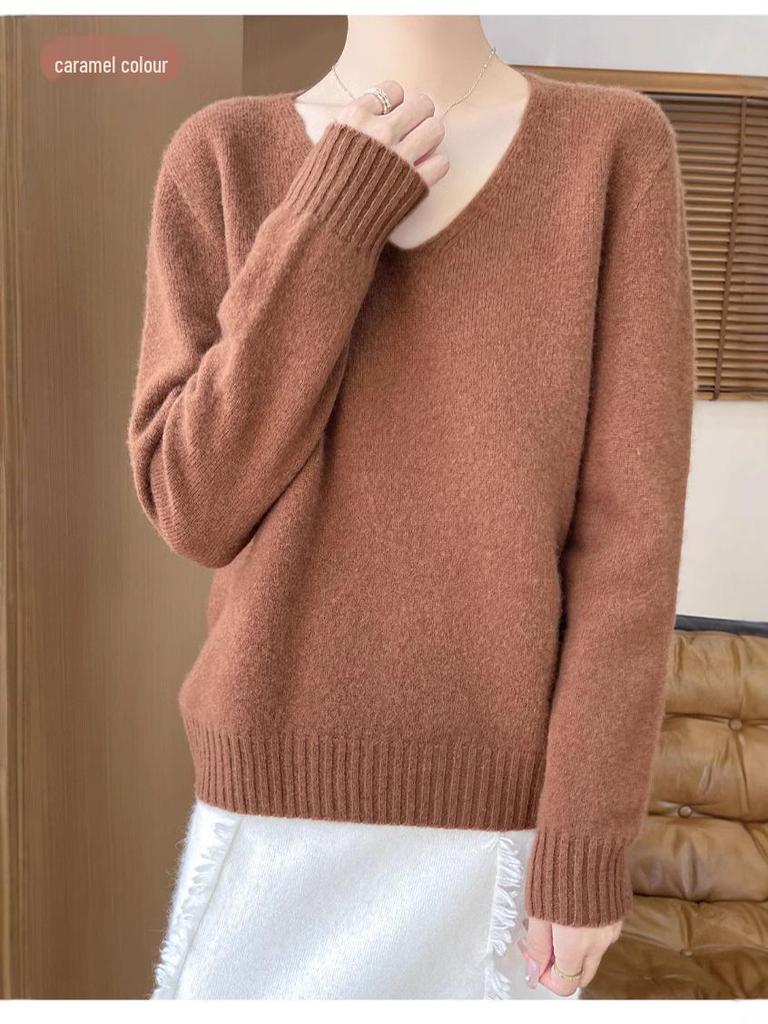 Minimalist 100% Wool V-Neck Sweater: Seamless, Solid Color, Long Sleeve, New Women's Knit