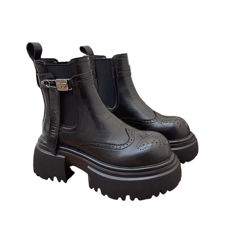 European Station Platform Sleeve Retro Thick Heel British Style Women's Boots 2025 Autumn and Winter New Velvet Heightening Martin Boots