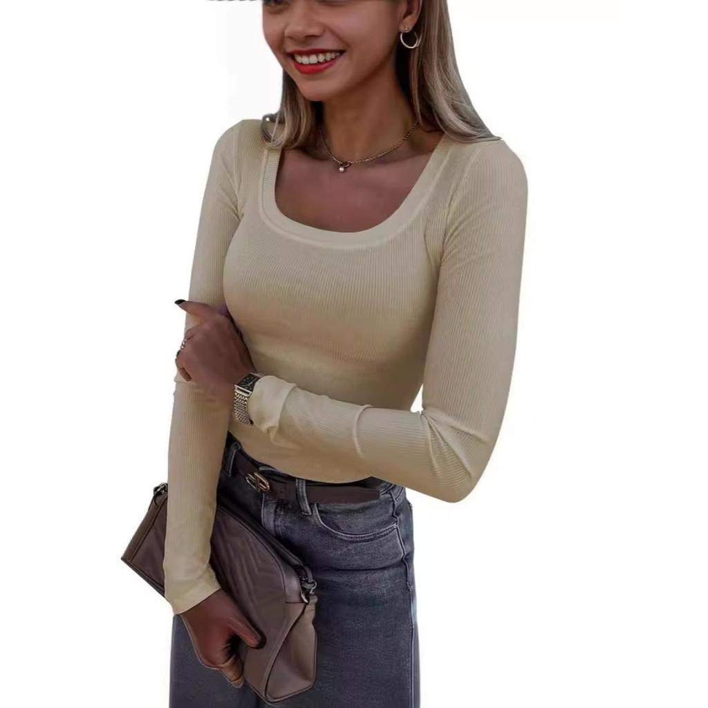 Vår og Høst Ny Ensfarget Løs Casual Dame Langermet T-skjorte, Egnet for Daglig og Hjemmebruk, Maskinvaskbar