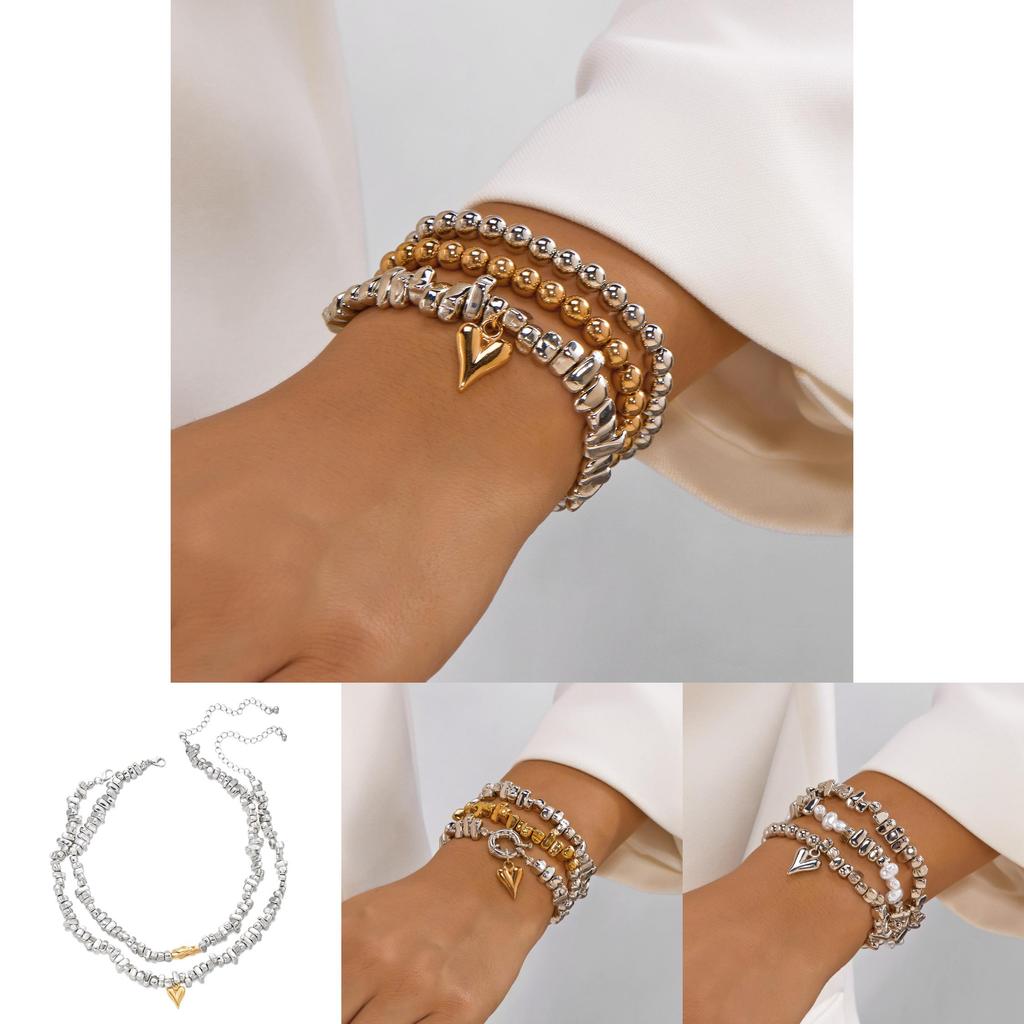 Ensemble Collier et Bracelets Pendentif Cœur Géométrique pour Femmes