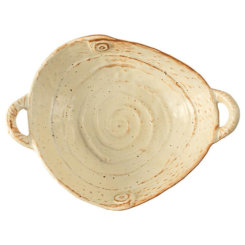 Handmade Coarse Pottery Binaural Plate Retro Salad Plate B & B Restaurant Bread Tableware Bowl Household Soup Bowl Binaural Bowl