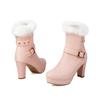 Winter Ankle Boots Women's with Warm Rabbit Fur Comfy Round Toe Chunky High Heels Shoes Soft PU Belt Footwear