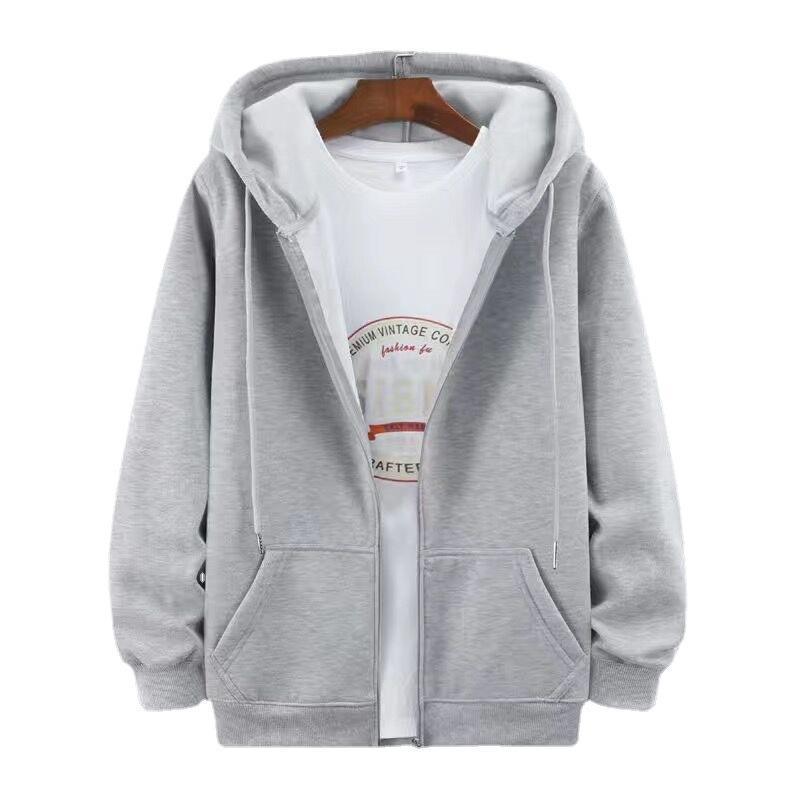 Pánský kardigan na zip s kapucí a fleecovou podšívkou v korejském stylu - Trendy volný střih plus size pro podzim a zimu