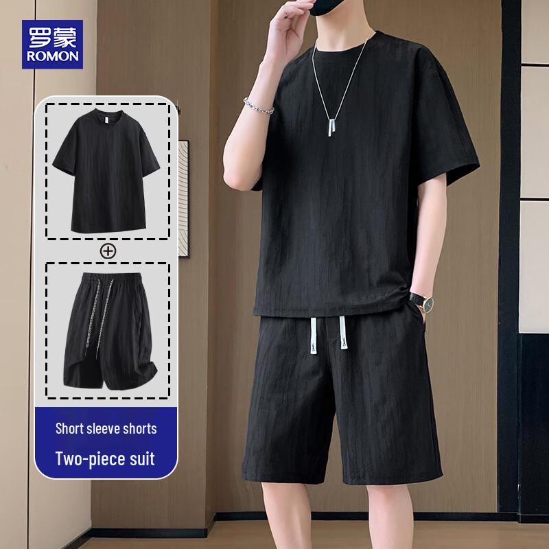 ROMON Men's Jacquard Ice Silk T-Shirt & Shorts Casual Set