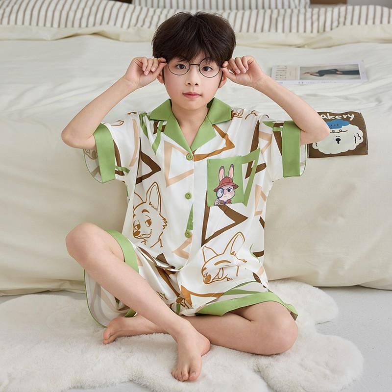 Boys 2026 Short Sleeve Pajamas Set Cartoon Ice Silk Thin Loungewear Kids
