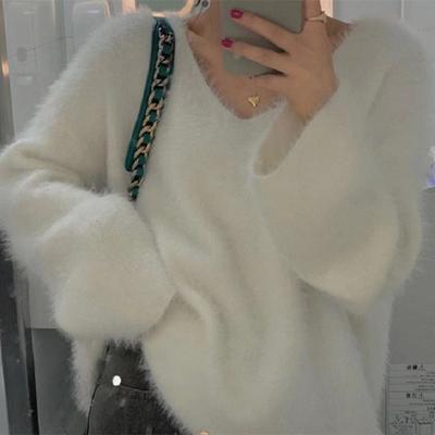 New Fashion Mink Fur Warm V-neck Pullover Sweater for Women Autumn and Winter Loose Outerwear Knitwear Sweaters Women Elegant Solid Soft Jumpers