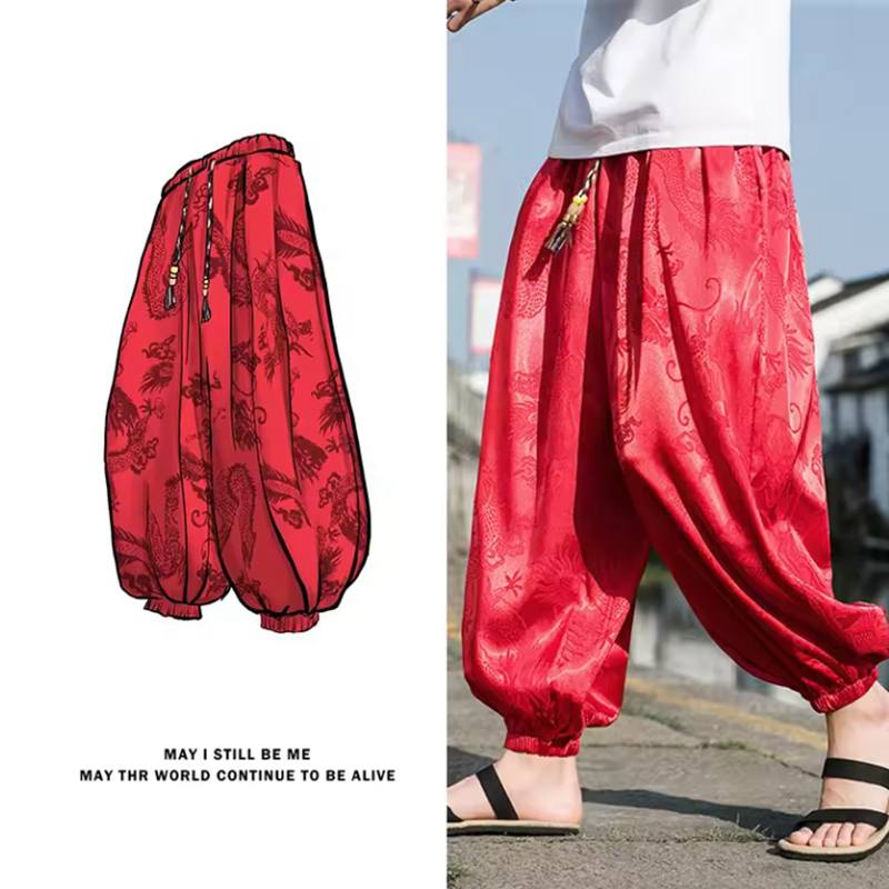 

Мужские брюки бренда для улицы из ледяного шелка с темным цветочным принтом дракона, свободные шаровары, высокое качество, широкие штанины, повседневные брюки L красный