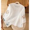 Ladies Shirt Spring Summer Round Neck Embroidered Women's Blouse Elegant Linen Lady Loose