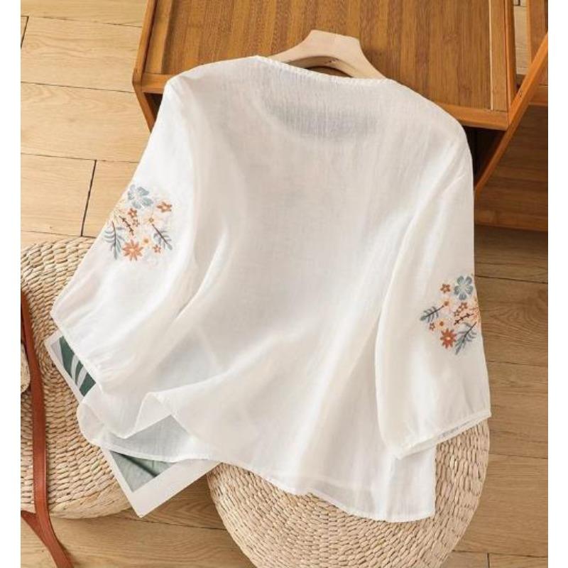 Ladies Shirt Spring Summer Round Neck Embroidered Women's Blouse Elegant Linen Lady Loose