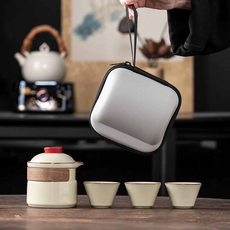 Outdoor Portable One Pot Three Cups Kung Fu Brewing Teapot Teacup Ru Kiln Travel Tea Set Gift Set