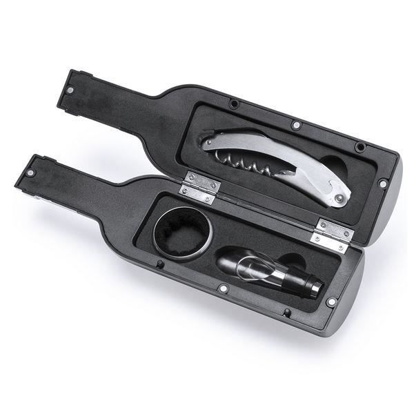 Coffret Accessoire Vin en forme de Bouteille de Vin noir Aimantée : Tire Bouchon, Bec verseur et Bague anti gouttes