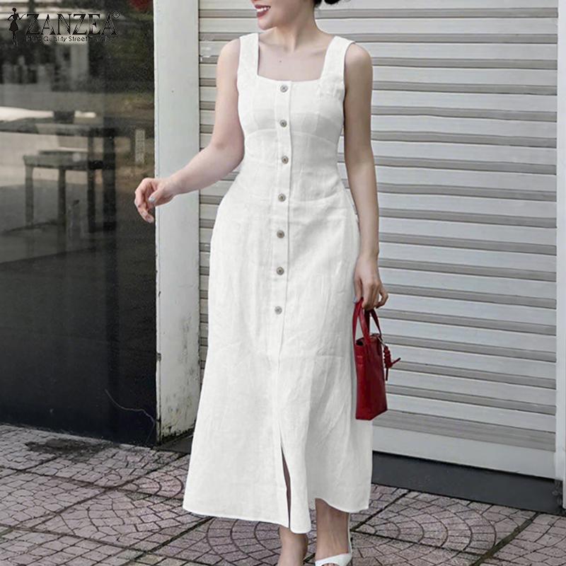 ZANZEA Women Square Collar Summer Casual Sleeveless Dress