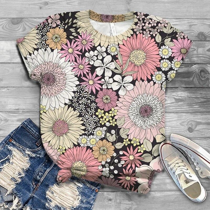 Dam T-shirt Solros 3d Tryck T-shirt Dam Mode Kortärmad Toppar Tees Damtoppar Blommig Camiseta Y2k Kläder Blomma