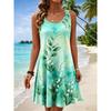 Women's Round Neck Sleeveless Watercolor Lotus Print Casual A-Line Mini Dress, Beach Tank Dresses for Spring & Summer