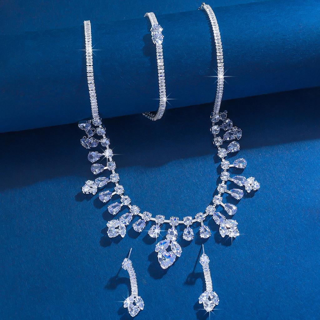 4PC Women's Fashion Set Water Drop Necklace Earrings Bracelet Zircon Set Suitable for Wedding, Party, Festival Gifts-8508