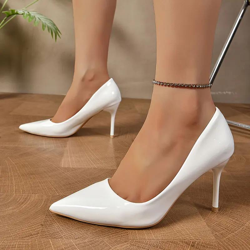 Fashion Elegant Ladies Pointed Toe Pumps Autumn 2025 Nude Patent Leather Stiletto High Heels Shoes Woman Plus Size 42 Party Dress Shoes