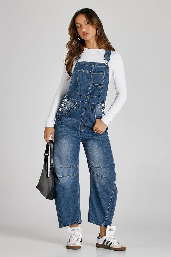 Womens Denim Bib Overalls Barrel Leg Baggy Jean Jumpsuit With Pockets