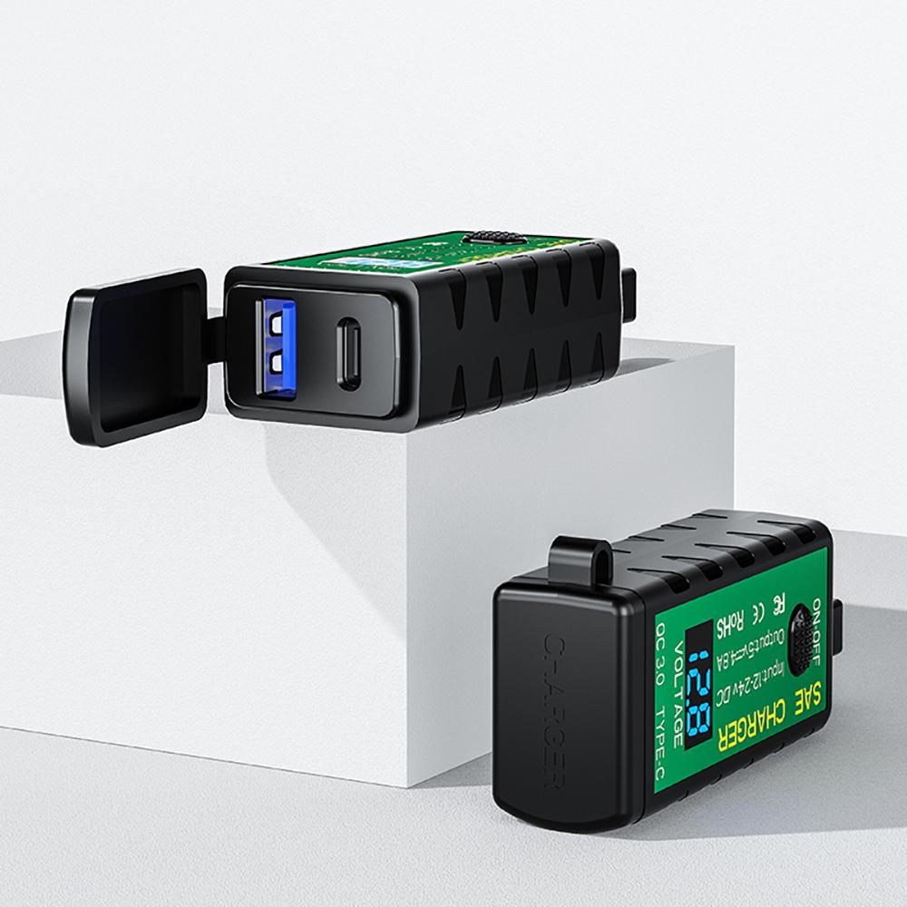 Motorcycle USB Charger for Phone 12V SAE to Dual USB Fast Charging Adapter with Voltmeter On/Off Switch 3.1A/4.8A TYPE-C