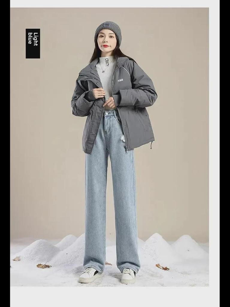 Women's Plush High-Waist Wide-Leg Jeans - Slim, Warm, All-Match Loose Straight Fit for Autumn/Winter