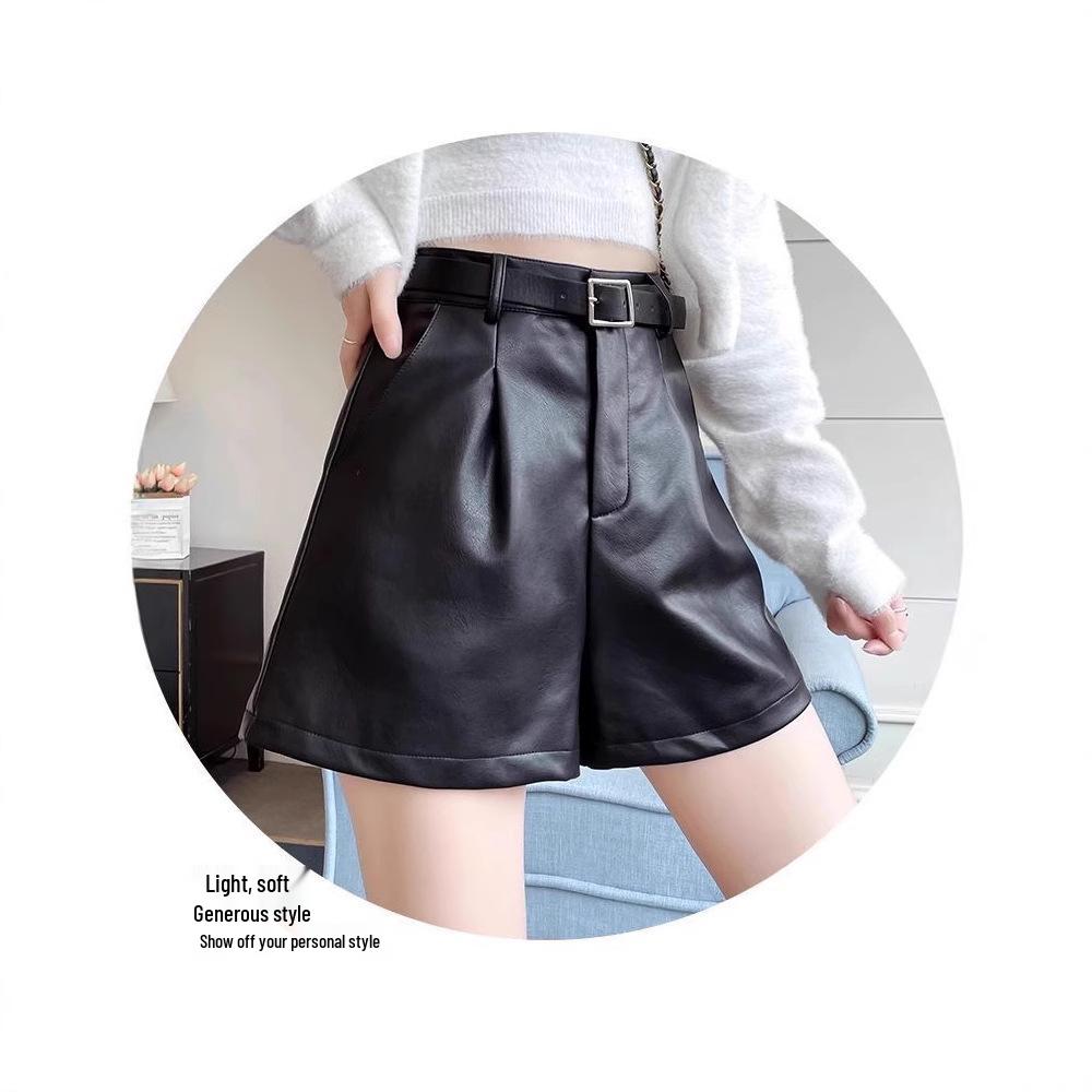 Women's High-Waist Black PU Leather Shorts - Autumn/Winter 2024 Casual Wide-Leg Slimming Design
