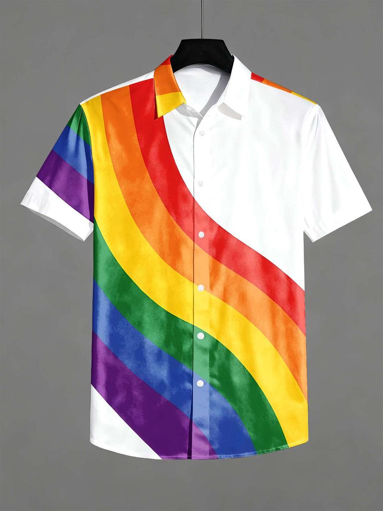 [Rainbow Striped Shirt] Men's Casual Short-Sleeve Shirt with a Rainbow-Colored Striped Pattern Featuring Curved Lines, Machine-Washable Men's Top,