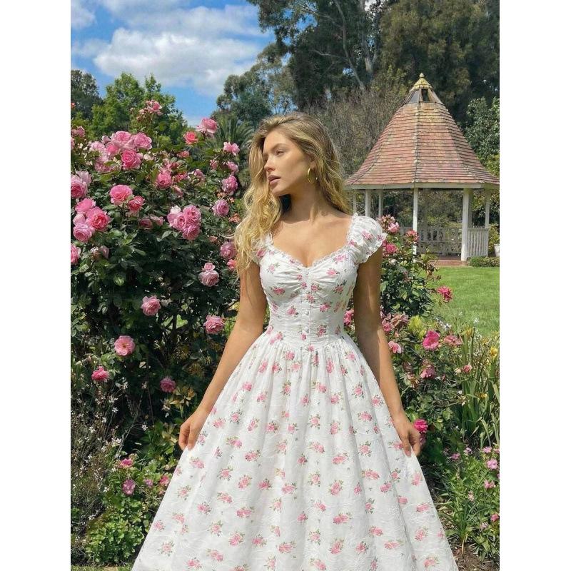 European and American summer new floral ruffle edge bubble sleeve lace elegant button medium and long dress XS