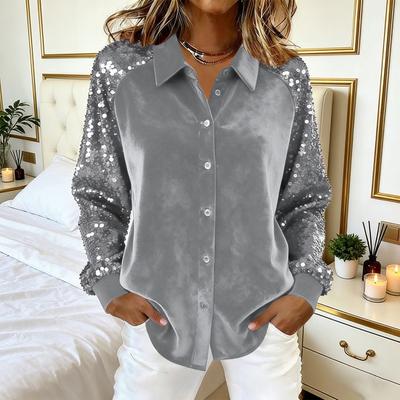 Women Sequin Velvet Shirt Long Sleeve Lapel Blouse Casual Glittery Button Down Shirt for Party Date Bar Nightclub