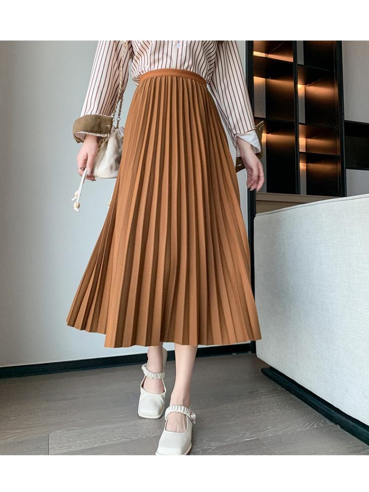 Pleated Large Swing A Word Umbrella Skirt Long Skirt Spring Summer Elastic High Waist High Temperature Pleated Retro Thin Middle Length Bustier Skirt