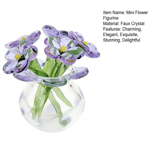 Cute Mini Faux Crystal Flower Figurine Hand Blown Glass Bouquet Collectible Small Flower Vase Ornament with Bee/Bird for Home Office Tabletop Decor