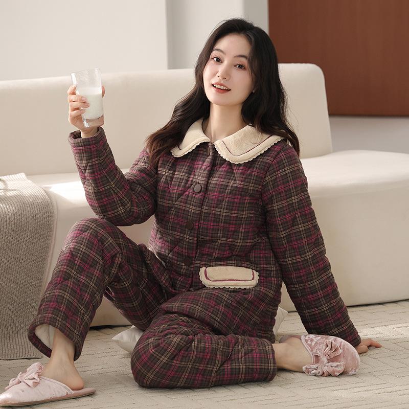 Thickened Warm Woven Padded Pajamas Women's Winter Coral Fleece Three-layer Fleece Loungewear Padded Jacket Pure Cotton Cotton Set