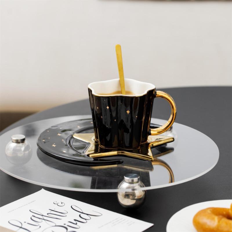Nordic Ceramic Coffee Cup Saucer Creative High end Gold-patterned Hand Patterned Mug Fashionable Star Moon Style Coffee Cup Saucer
