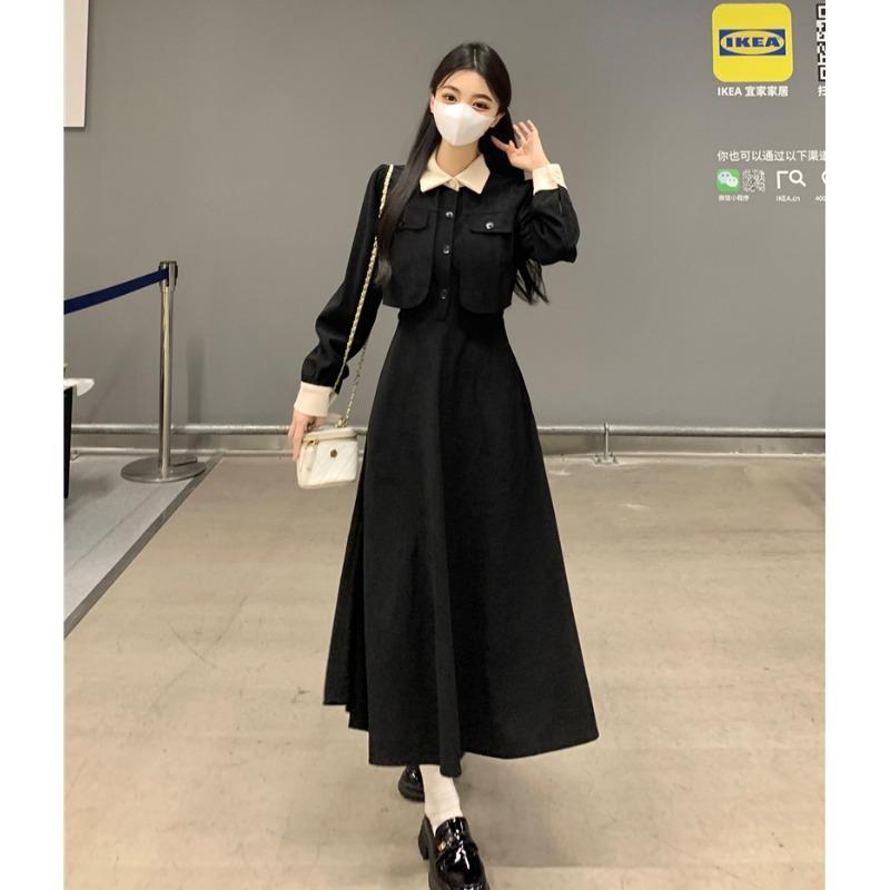 [Original Practice] Early Autumn Black Dress Children Xiaoxiang Hepburn Style Waist and Thin Dress with a Whole