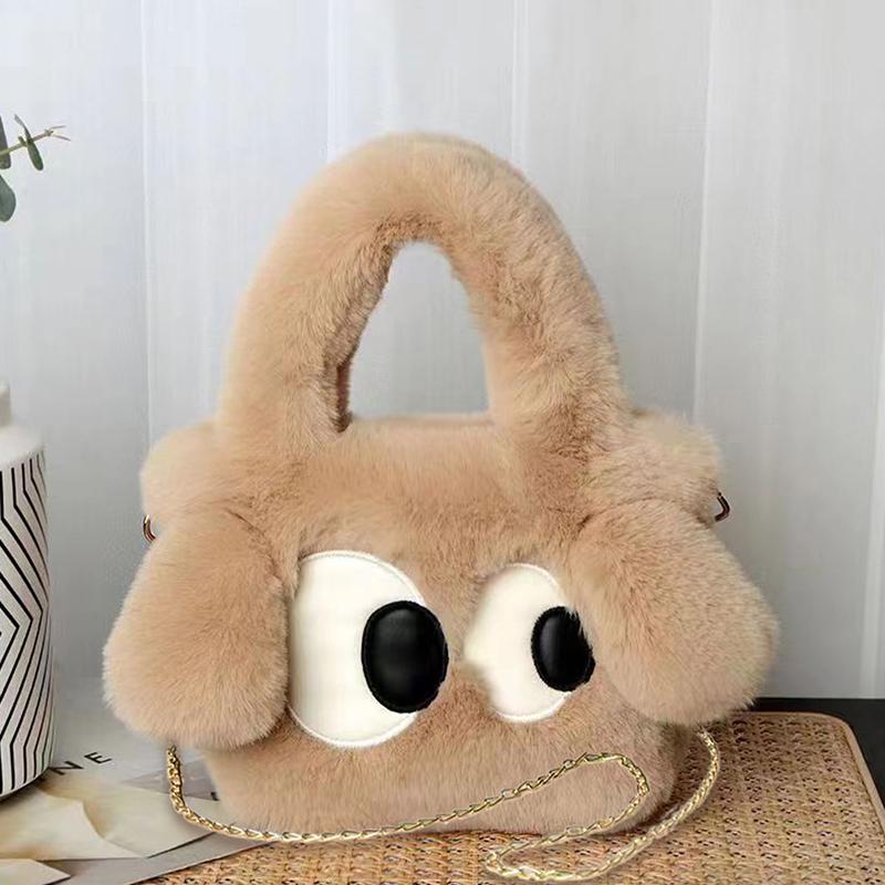Furry Chain Shoulder Bag  Cartoon Big Eyed Dog Soft Plush Crossbody Bag Handbag Women Girls Cute Plush Bag